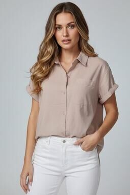 Stitch Star Shirt Womens Small Short Sleeve Button Up Pocket Tan Lightweight Top
